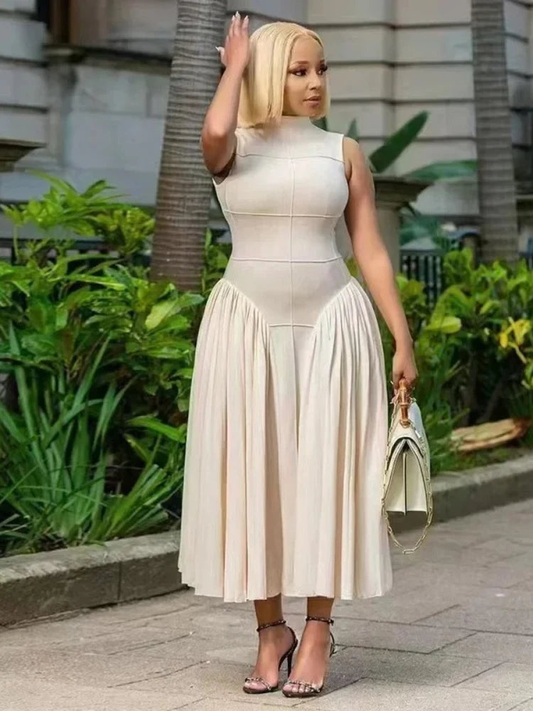 Fashion Women Ruched Side Sleeveless Pleated Maxi Dress 2025 Holiday Birthday Sexy Night Club Party Street Long Dresses