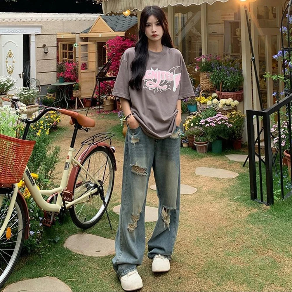 American Vintage Hole Y2k Women Jeans High Waist Jeans Wide Leg Baggy Loose Straight Hip Hop Streetwear Dragging Denim Pants