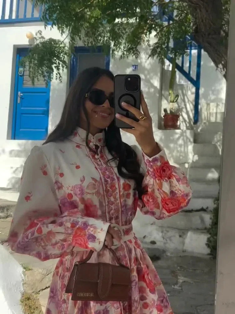 Chic Printed Stand Collar Single Breasted Dress Women Elegant Long Sleeve High Waist Dresses Female Summer Holiday Casual Robe