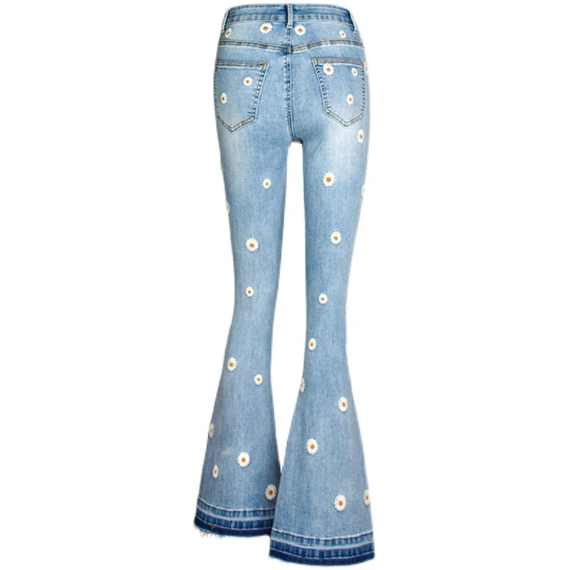 Women's Denim Bell Bottoms High Waist Tight Elastic Long Legs Daisy Embroidered Printed Spicy Girl Slim Straight Jeans UDUE