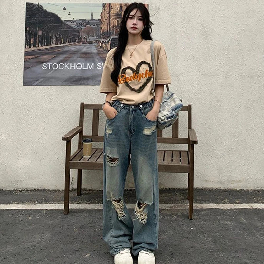 American Vintage Hole Y2k Women Jeans High Waist Jeans Wide Leg Baggy Loose Straight Hip Hop Streetwear Dragging Denim Pants