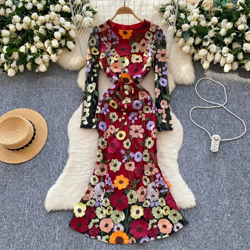 Elegant Three-dimensional Floral Embroidered Chic Long Sleeves Slim Mermaid Dresses Evening French High Street Women Clothing