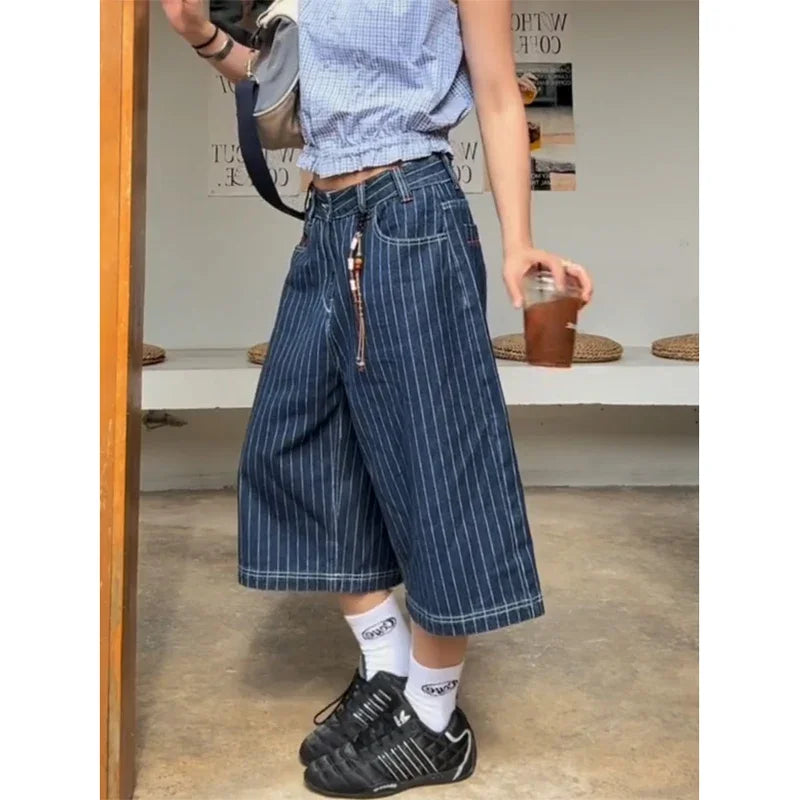 Harajuku Y2k Women's Light Blue Calf Length Cargo Jeans Baggy Denim Trousers Japanese 2000s Oversize Jean Pants Vintage Clothes