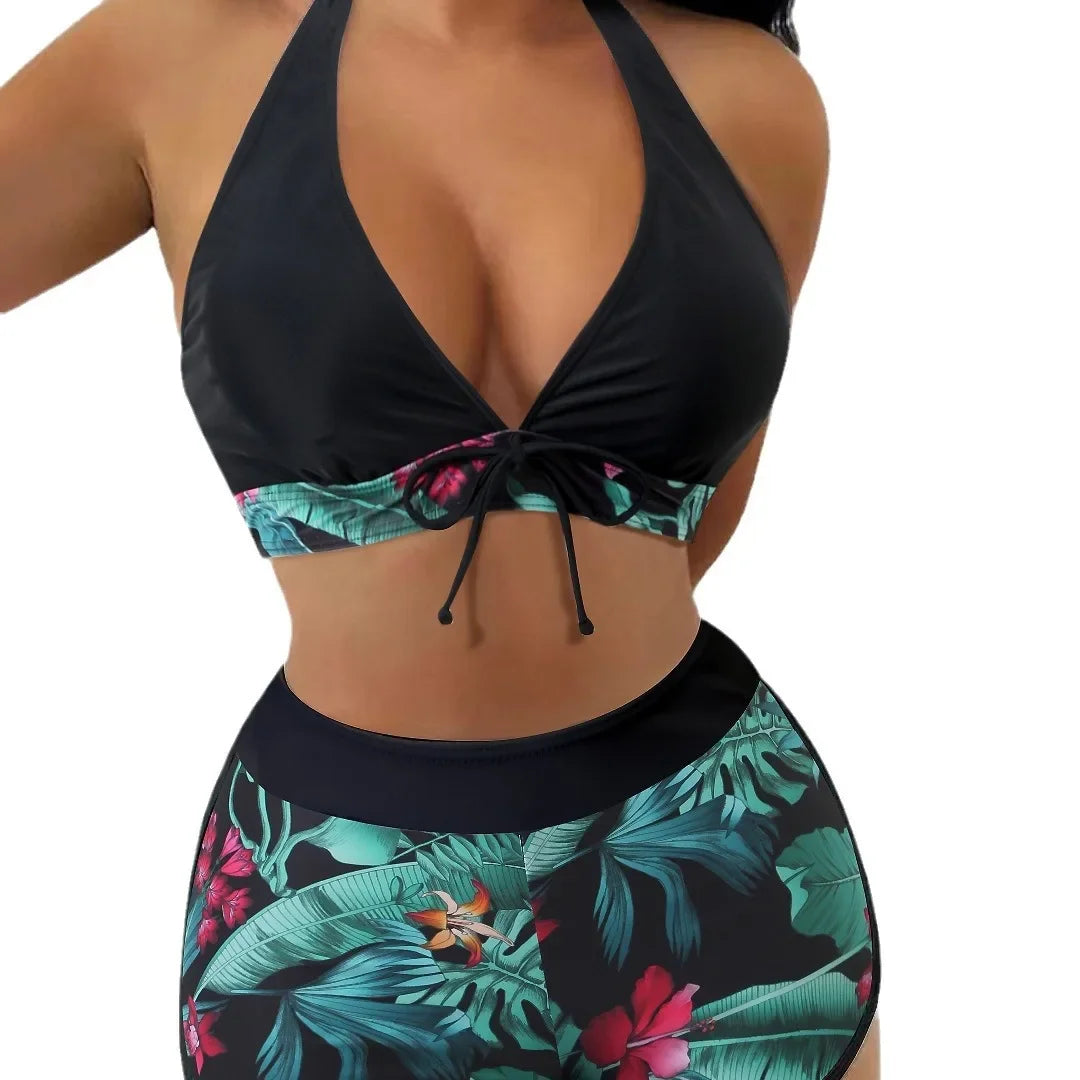 Sexy Print Halter Neck Bikini Set High Waist Women's Swimsuit Cross-Border New Arrival Hot Sale Of The Season Trendy Split Desig