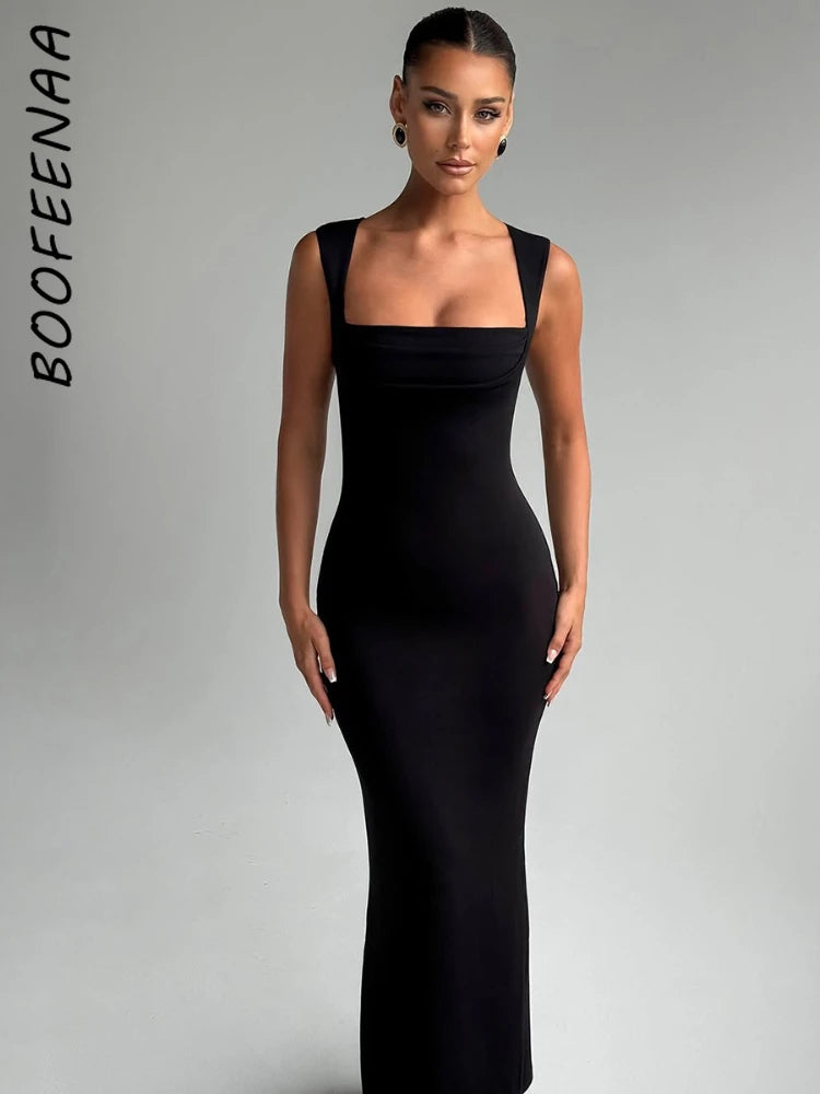 BOOFEENAA Square Neck Sleeveless Fishtail Maxi Dress Party Night Elegant Black Dresses Woman Luxury High Quality C70-CZ32