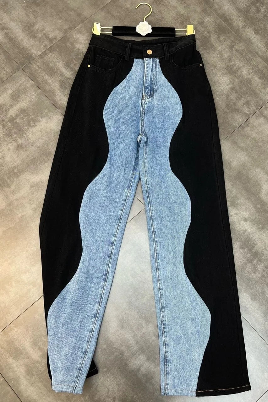 PREPOMP 2022 Summer New Arrivals Blue Denim Patchwork Long Pants Women Full Length Jeans Streetwear GF672