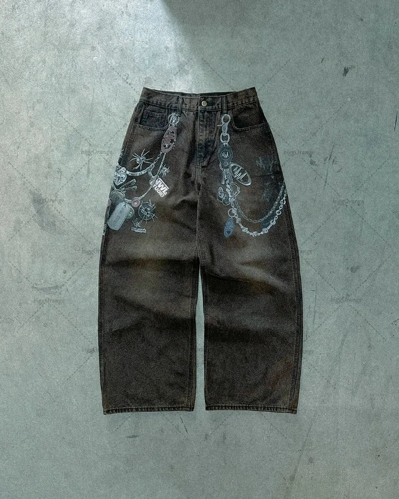 Hip-hop Harajuku Chain 3D Printed Graphic Jeans Men Gothic Y2K Streetwear Straight Trousers Women Trendy Wide-leg Scimitar Pants