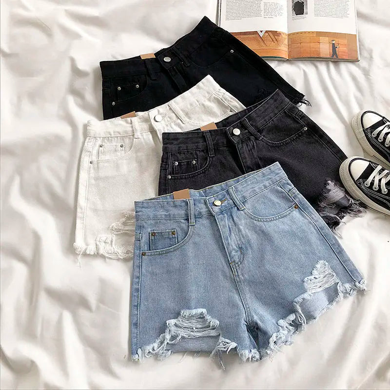 Summer New Style Wide Leg Pants Candy Color Ripped Denim Shorts Female High Waist Green A-line Women Jeans Hot Shorts Pants