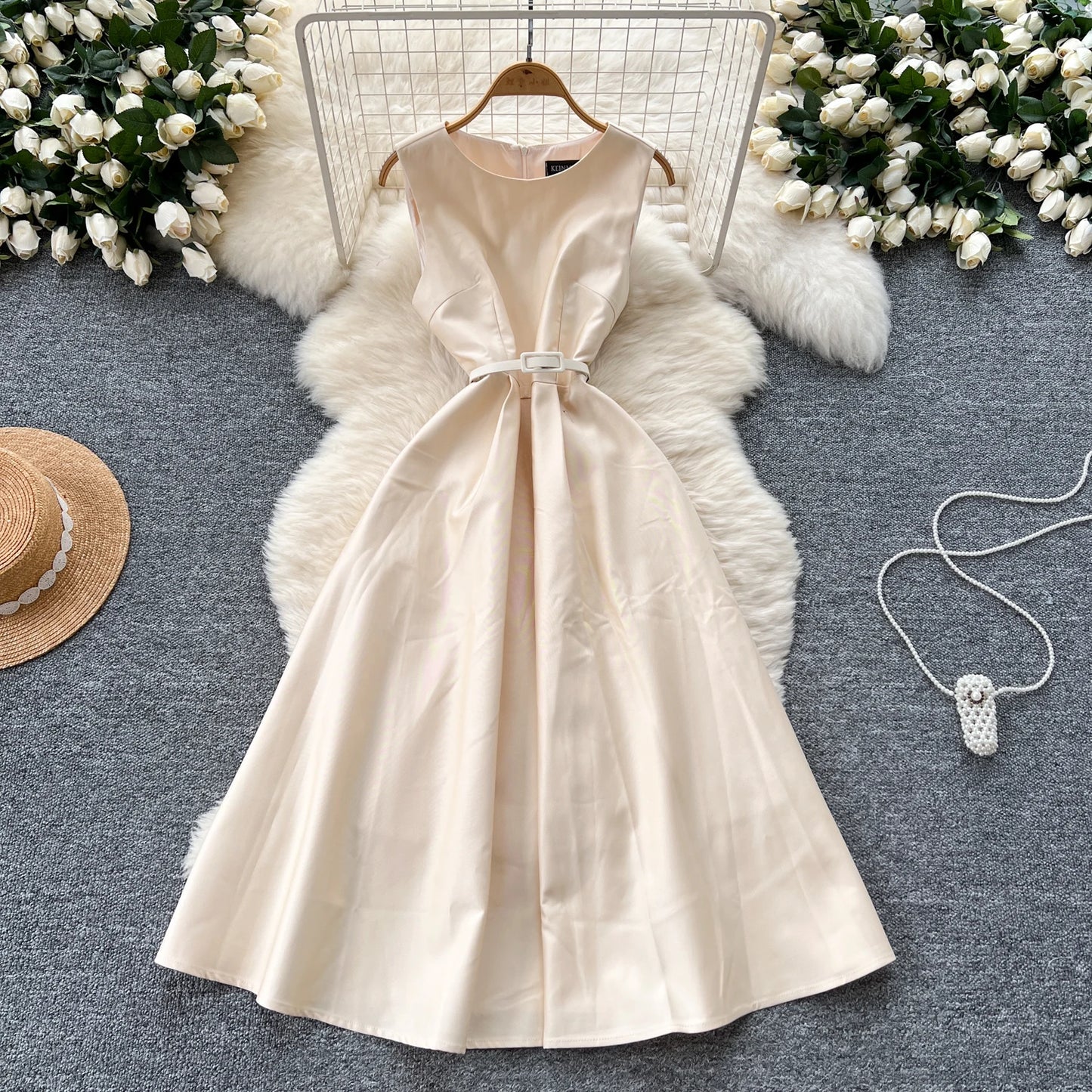 Chic O-Neck Vintage sleeveless Elegant evening dress High Waist Korean Fashion Vestidos women clothing