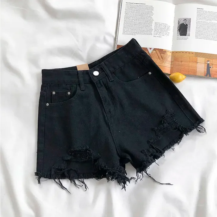 Summer New Style Wide Leg Pants Candy Color Ripped Denim Shorts Female High Waist Green A-line Women Jeans Hot Shorts Pants