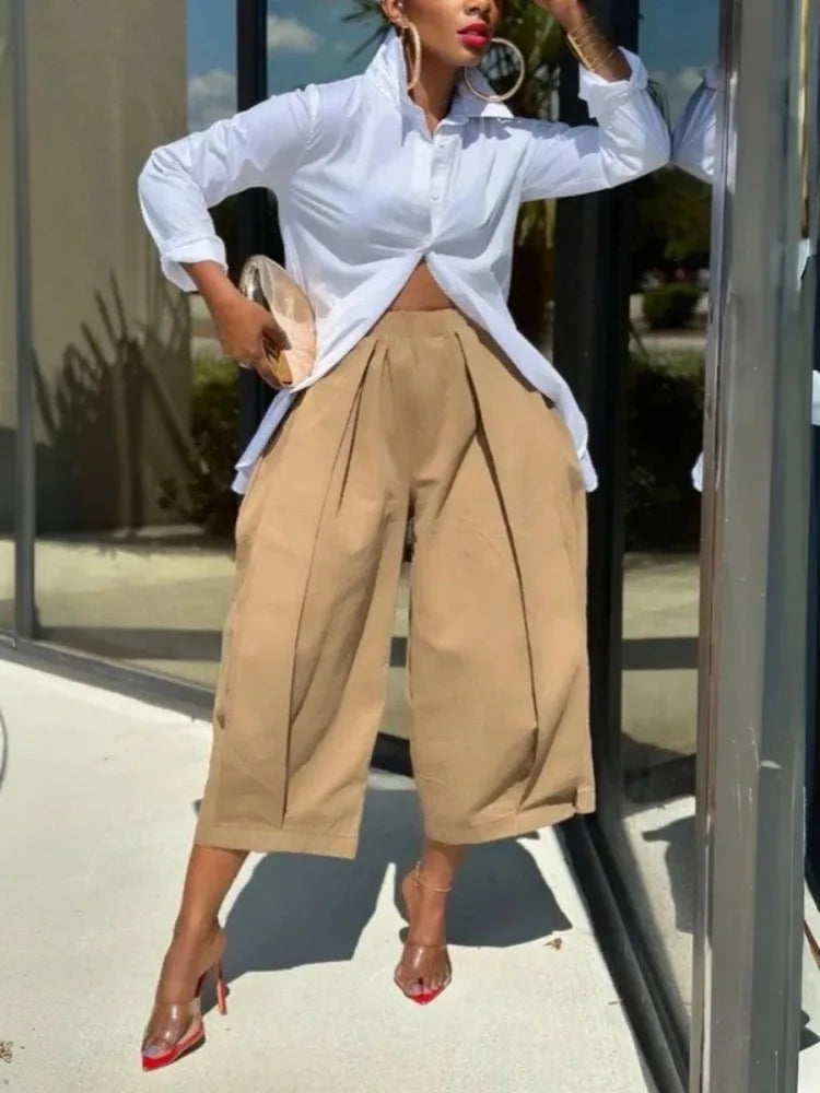 Beautyblue Khaki Women's Pants Wide-leg Capri Pants Summer New Fashion Loose Pocket Elastic Waist Loose Cotton Cropped Trousers
