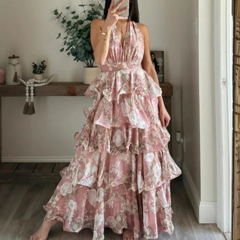 Summer New Floral Printed Halter Dress Sexy Deep V Sleeveless Backless Evening Dresses Temperament High Waisted Lace Up Dresses