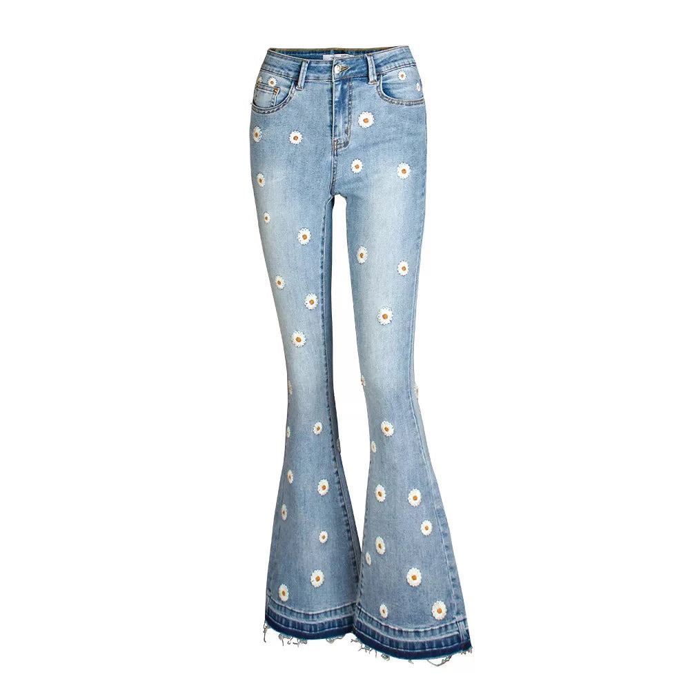 Women's Denim Bell Bottoms High Waist Tight Elastic Long Legs Daisy Embroidered Printed Spicy Girl Slim Straight Jeans UDUE