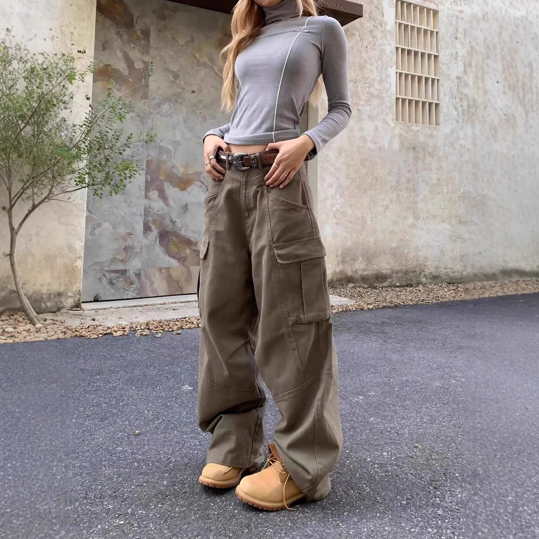 New American high street brown jeans for women washing straight spring and autumn loose casual gothic trousers wide-leg pants