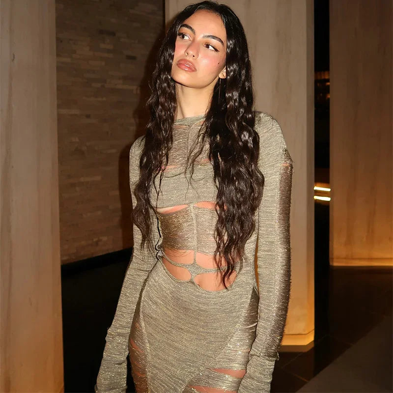 Sexy Hollow Out Evening Party Maxi Dress For Women Long Sleeve Backless Slimming High Waist Luxury Robe 2025 New Summer Y2k
