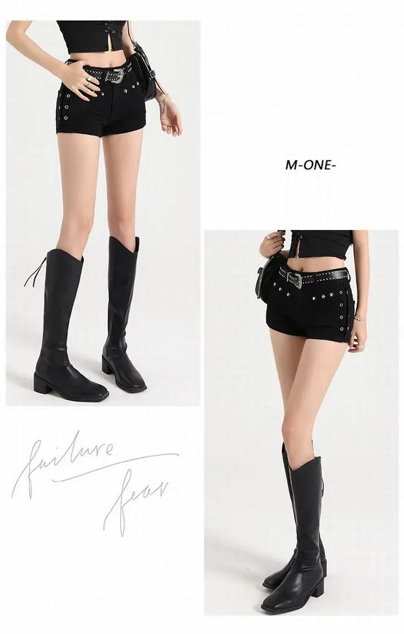 Summer Y2k Sexy Low Waist Mini Denim Shorts Women Vintage Korean Popular Girls Slight Strech Streetwear Gothic Rivet Black Jeans