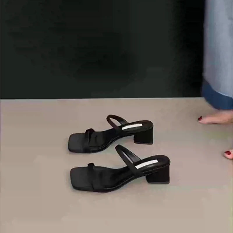 Summer Square Toe Slip On Women Slippers Ladies Elegant Outdoor Street Style Thick Heel Slides