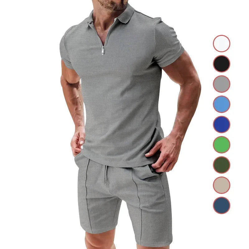 Fashion Casual Men's Short Sleeve Shorts Set Summer Breathable Solid Color Loose Lapel T-shirt Set Men Men Clothing