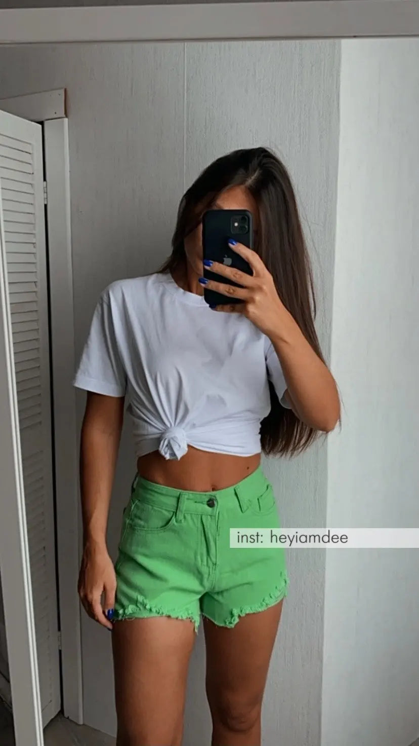 Summer New Style Wide Leg Pants Candy Color Ripped Denim Shorts Female High Waist Green A-line Women Jeans Hot Shorts Pants
