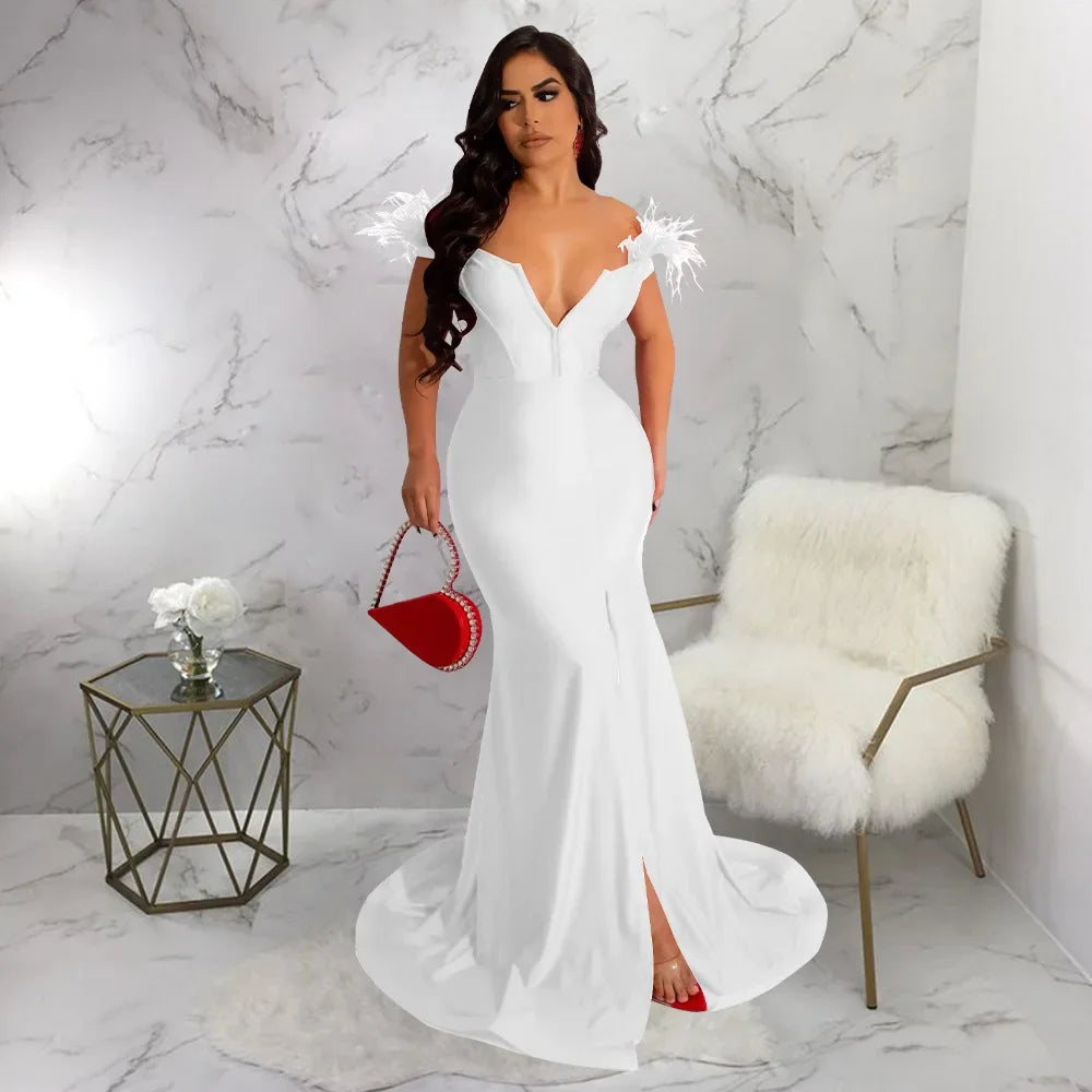 Sexy Strapless Long Maxi Dress Front Slit Bare Shoulder Women's Evening Summer Night Gown Party Dresses