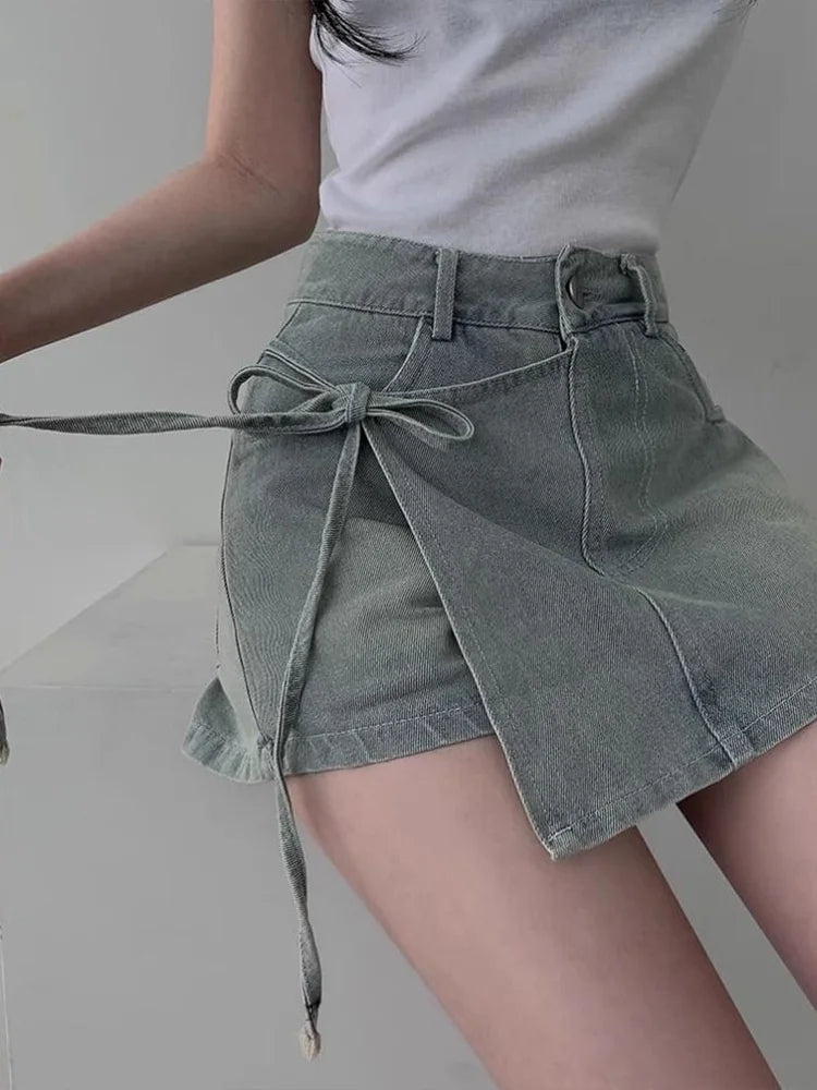 DFCF 2025 Spring Summe Jeans Streetwear Vintage Irregular Laced Up short Jeans Women Y2k Korean Fashion High Waist Straight Pant