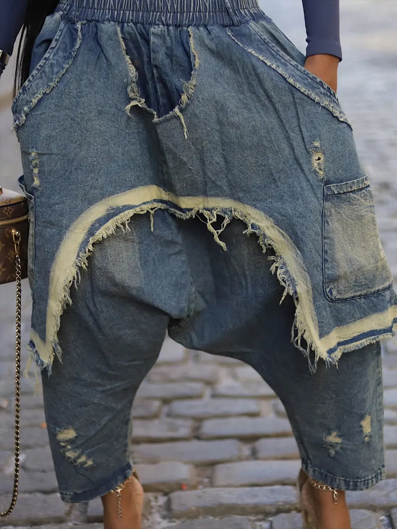 Jeans Women Harem Pants Hole Elastic Waist Tassels Washed Denim Pants Punk Y2k Streetwear 2025 Ripped Ankle Length Trousers