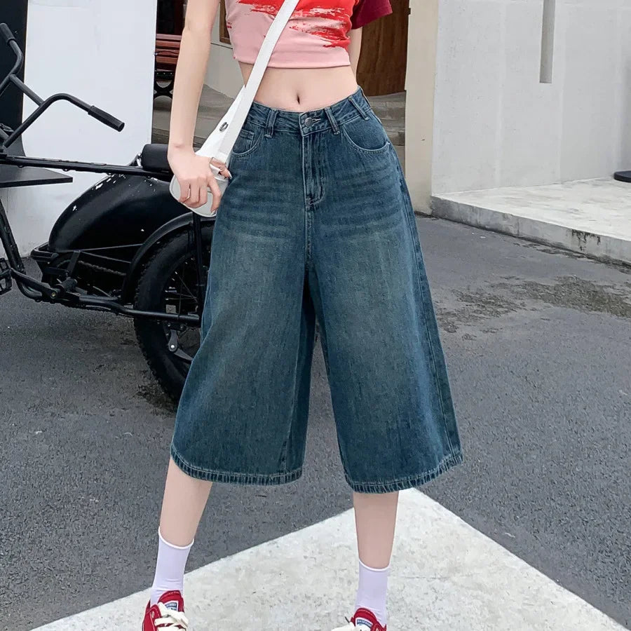 American Retro High Street Straight Leg Jeans Chic High Waist Versatile Wide Leg Seven-Foot Mid-Calf Pants Summer New Arrival