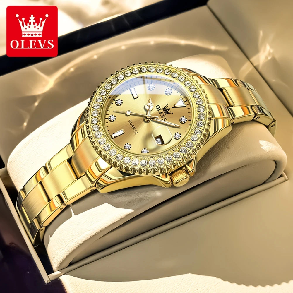 OLEVS Luxury Fashion Women's Watches Diamond Dial Luminous Quartz Watch Elegant Date Stainless Steel Original Brand Wrist Watch