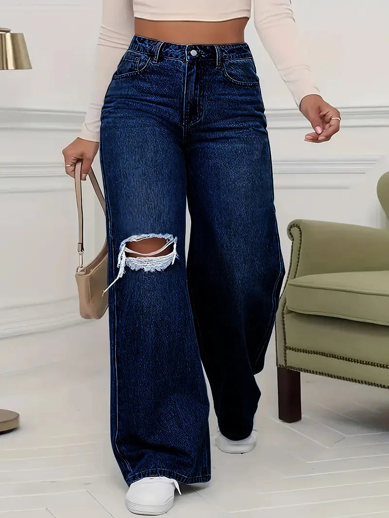 Washed Personality Hole Loose High Waist Denim Wide-leg Pants,Women's Four Seasons New Classic Fashion Casual Floor-length Jeans
