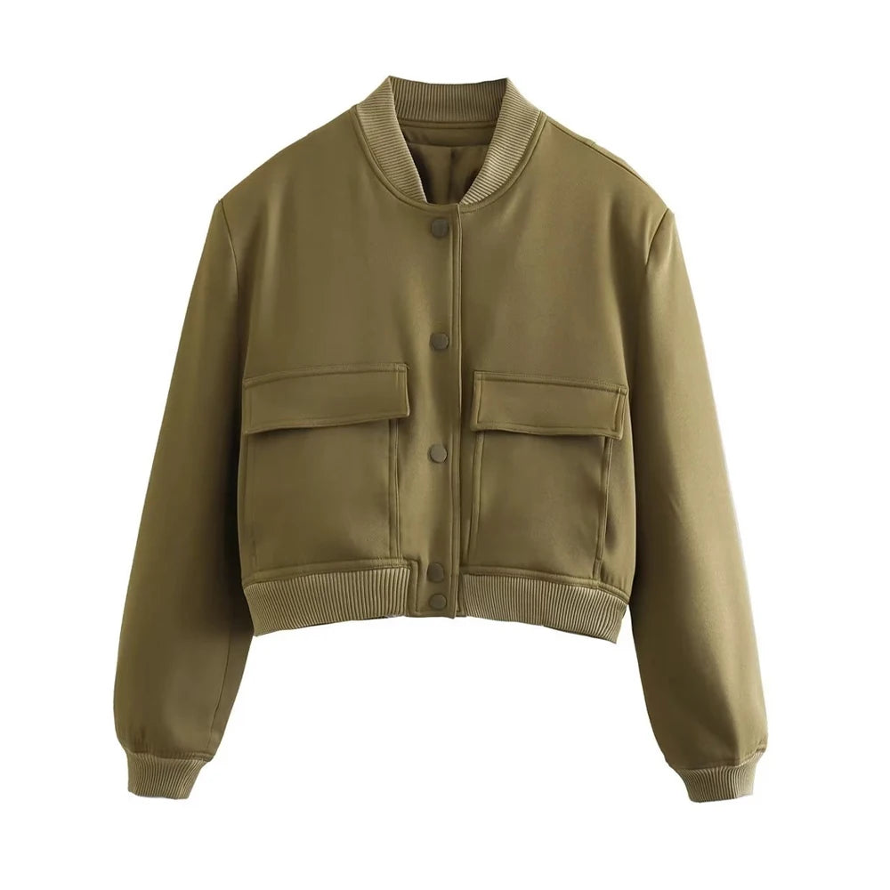 TRZA Women Fashion With Pockets Bomber Jacket Coats Vintage Long Sleeve Front Button Casual Female Outerwear Chic Tops
