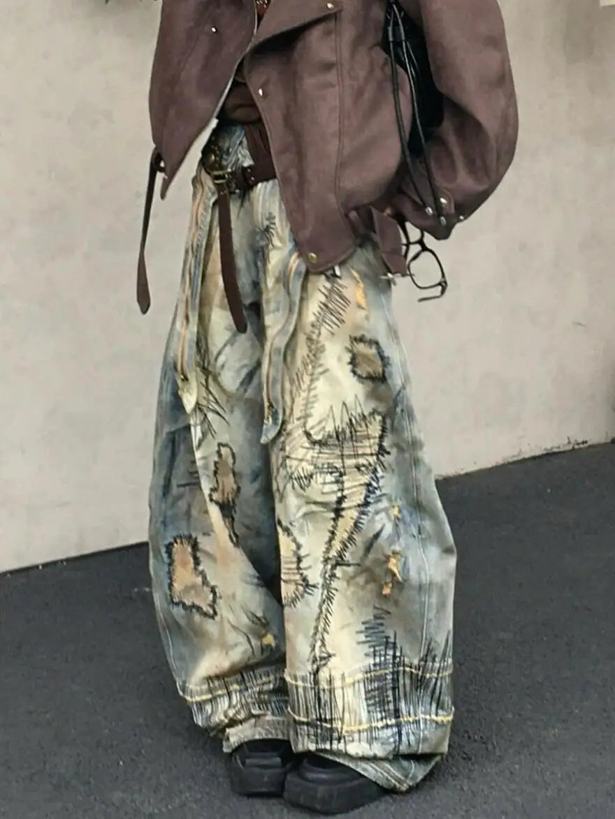Casual Y2K Washed Retro Denim Trouser American Grunge Full Length Street Jean Women's Emo Pockets Hip-hop Baggy Mop Pants