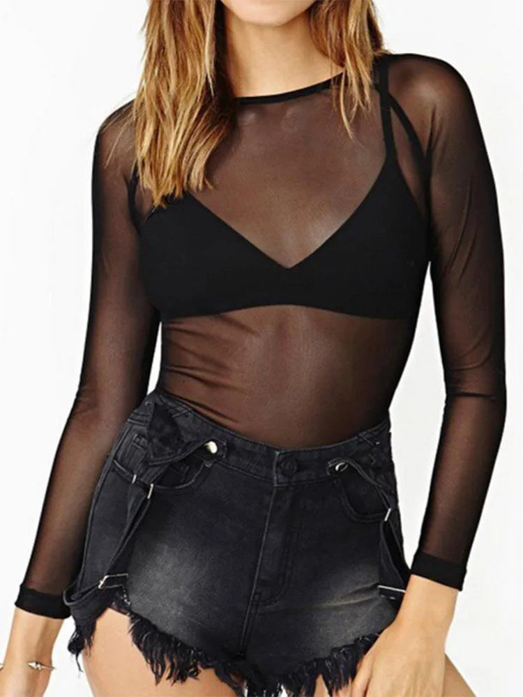 Hot New Spring Summer Womens Long Sleeve Sexy Black Mesh Top T Shirts Transparent Punk Club Streetwear Tees Beach Tops