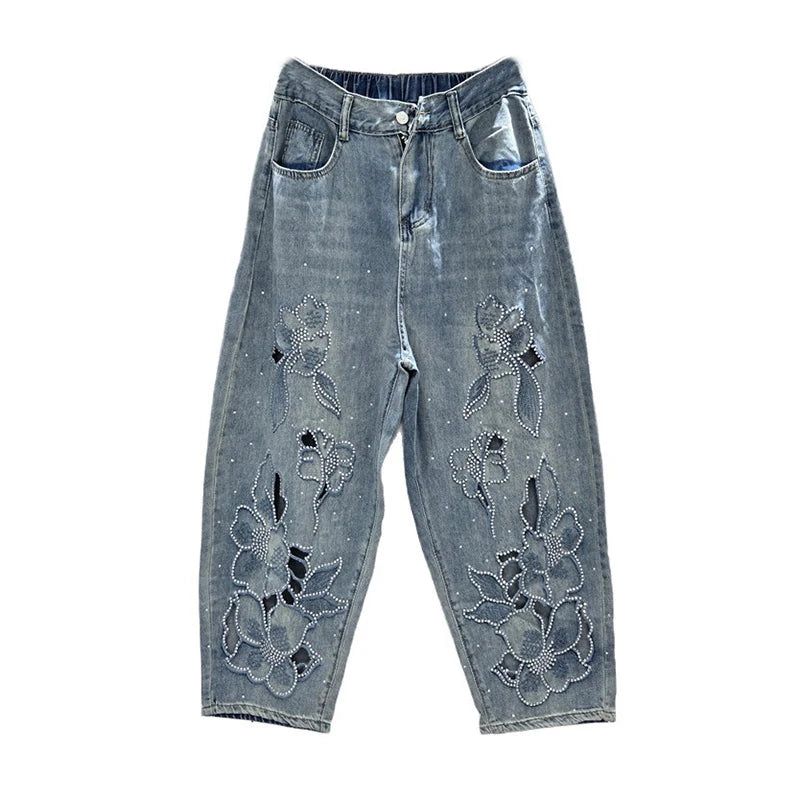 DEAT Women's Jeans Elastic Waist Hot Diamonds Flowers Hollow Out Denim Ankle-Length Harem Pants 2025 New Fashion Summer 29A1739