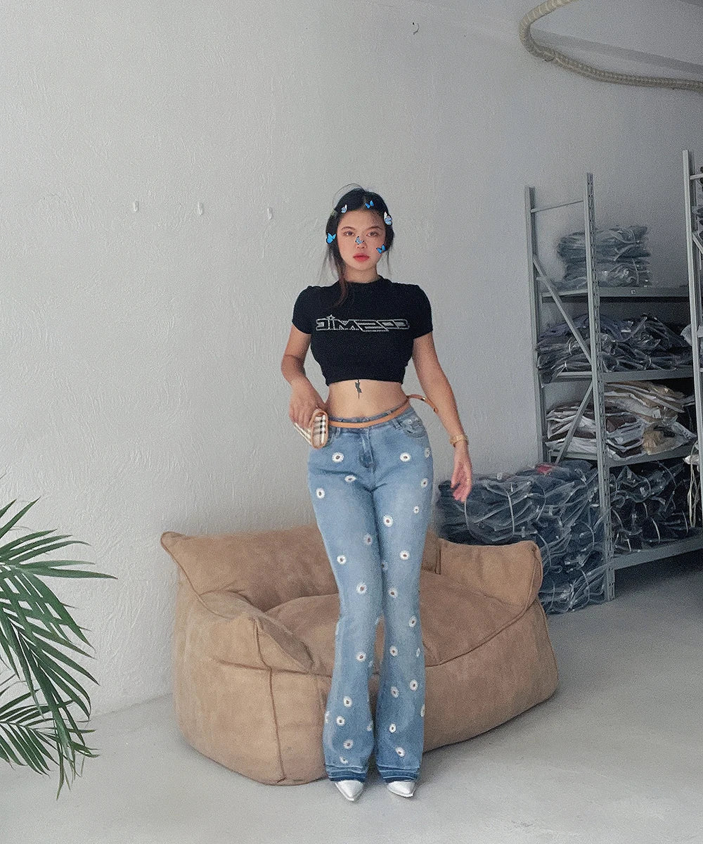 Women's Denim Bell Bottoms High Waist Tight Elastic Long Legs Daisy Embroidered Printed Spicy Girl Slim Straight Jeans UDUE