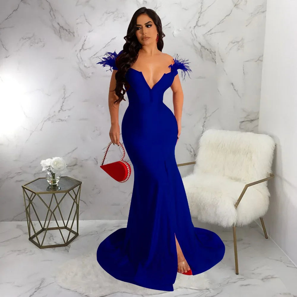 Sexy Strapless Long Maxi Dress Front Slit Bare Shoulder Women's Evening Summer Night Gown Party Dresses