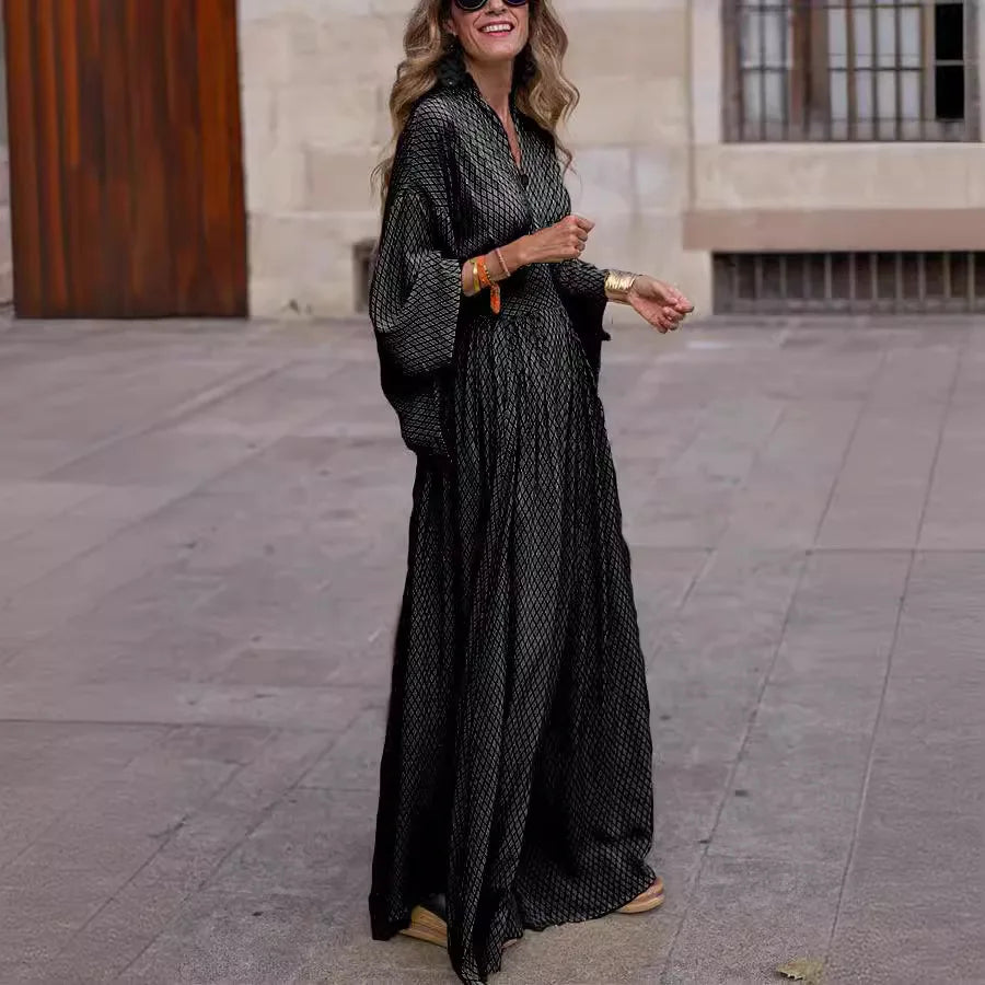 Elegant Ladies Maxi Dress Women Fashion Lattice Print V Neck Dolman Sleeve Bohemia Beach Sundress Vintage Party Long Dresses