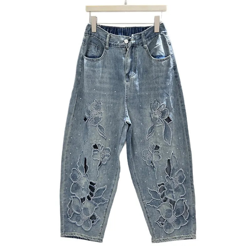 DEAT Women's Jeans Elastic Waist Hot Diamonds Flowers Hollow Out Denim Ankle-Length Harem Pants 2025 New Fashion Summer 29A1739