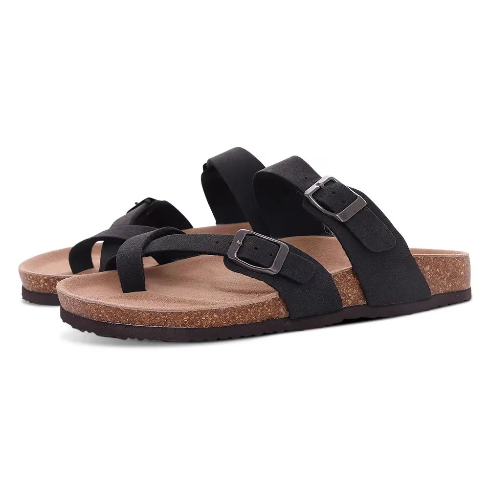 Pallene New Summer Women's Slippers With Arch Support Slip-On Outdoor Slides Cork Footbed Sandals With Adjustable Double Buckle