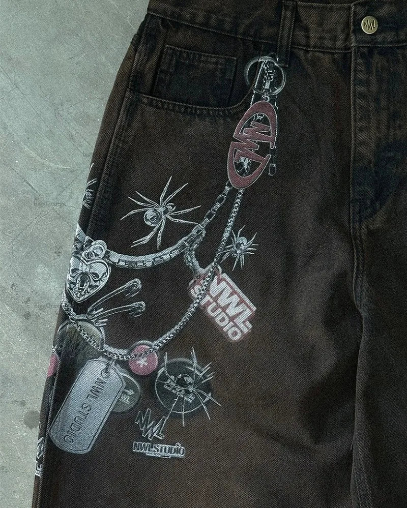 Hip-hop Harajuku Chain 3D Printed Graphic Jeans Men Gothic Y2K Streetwear Straight Trousers Women Trendy Wide-leg Scimitar Pants