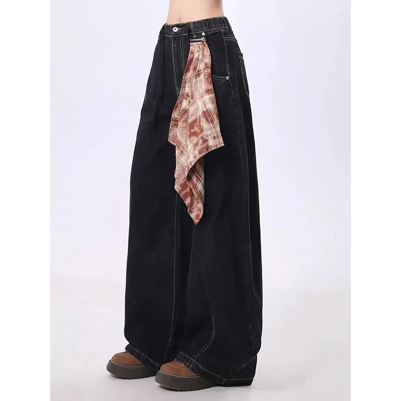 2025 NEW Women's Splicing Blue Jeans High Street Straight Leg Fashion Y2K Style American Spring Oversized Women's Loose Jeans