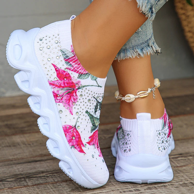 Flower Breathable Knitted Flats Women 2024 Autumn Comfort Soft Sole White Sneakers Woman Slip-On Flat Heels Platform Sport Shoes