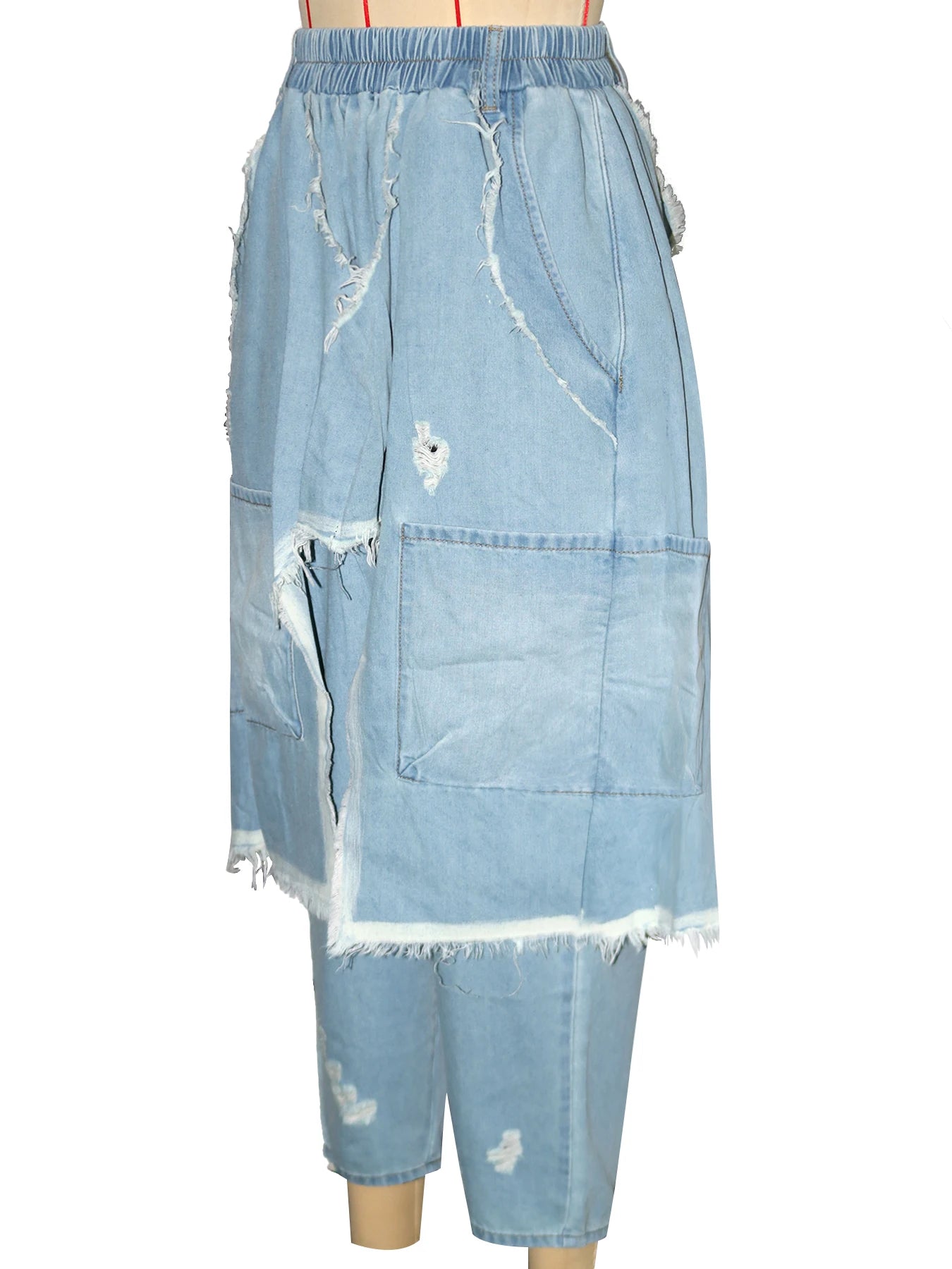 Jeans Women Harem Pants Hole Elastic Waist Tassels Washed Denim Pants Punk Y2k Streetwear 2025 Ripped Ankle Length Trousers