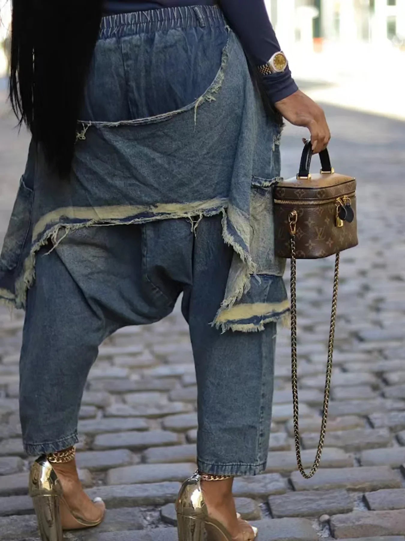 Jeans Women Harem Pants Hole Elastic Waist Tassels Washed Denim Pants Punk Y2k Streetwear 2025 Ripped Ankle Length Trousers