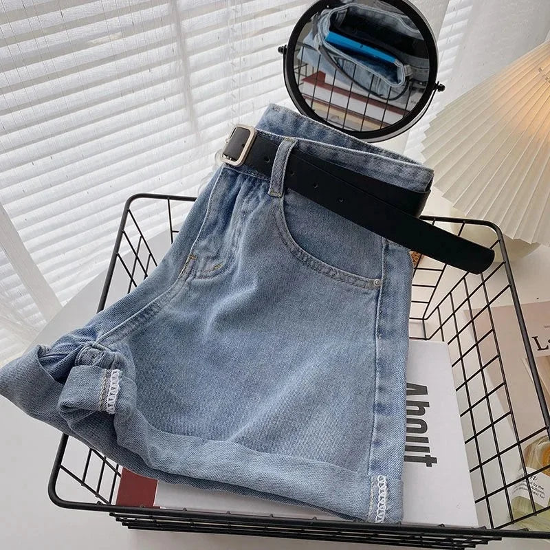 2022 New Spring Summer High-Waisted Slimming A- Line Denim Shorts Women's Loose-Fit Casual Heat Pants Rolled Edge Design