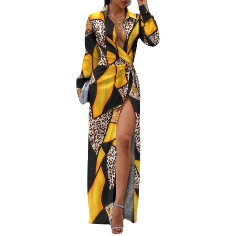 Women's Autumn Slit Long Dress Lace-up Printed Long-sleeved Dress High-waisted POLO Collar Irregular Temperament Elegant Dress