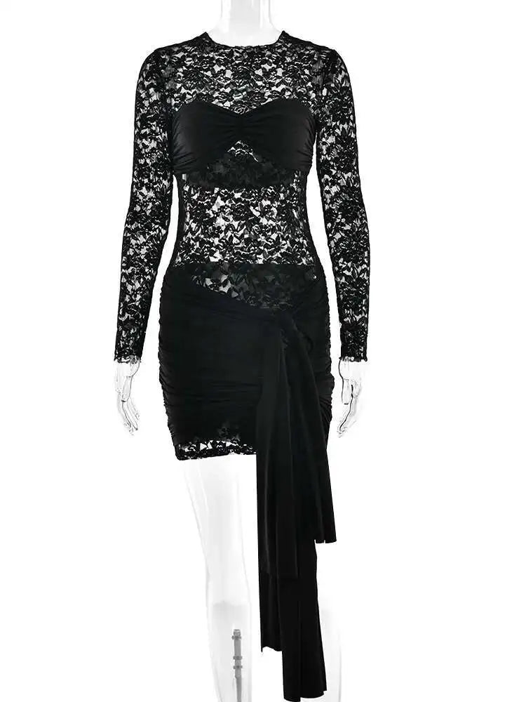 Fantoye Sexy See Through Lace Bandage Women Dress Black Long Sleeve Round Neck Dress Summer Skinny Elegant Party Club Dress 2025