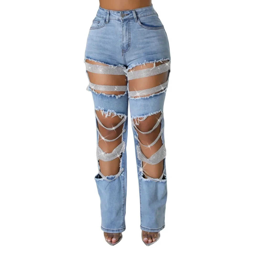 Ripped Jeans for Women Straight Pants Diamonds Chain Stretch Distressed High Waist Floor Length 2025 Streetwear Denim Trousers