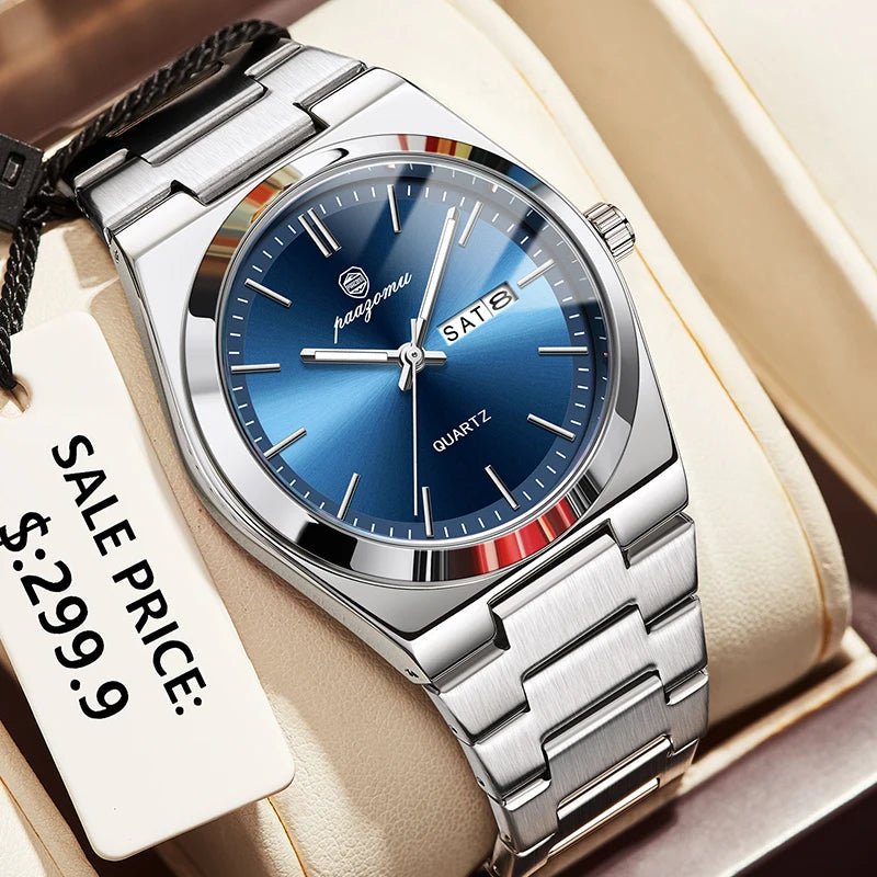 PENGAGAR Luxury Men Watch Date Week Waterproof Luminous Stainless Steel Watch For Man Casual Quartz Men's Watches Male Sport+Box