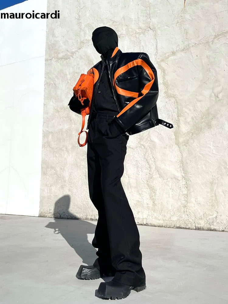 Mauroicardi Spring Autumn Cool Loose Orange and Black Color Block Faux Leather Jacket Men Luxury Designer Zip Up Clothes 2023
