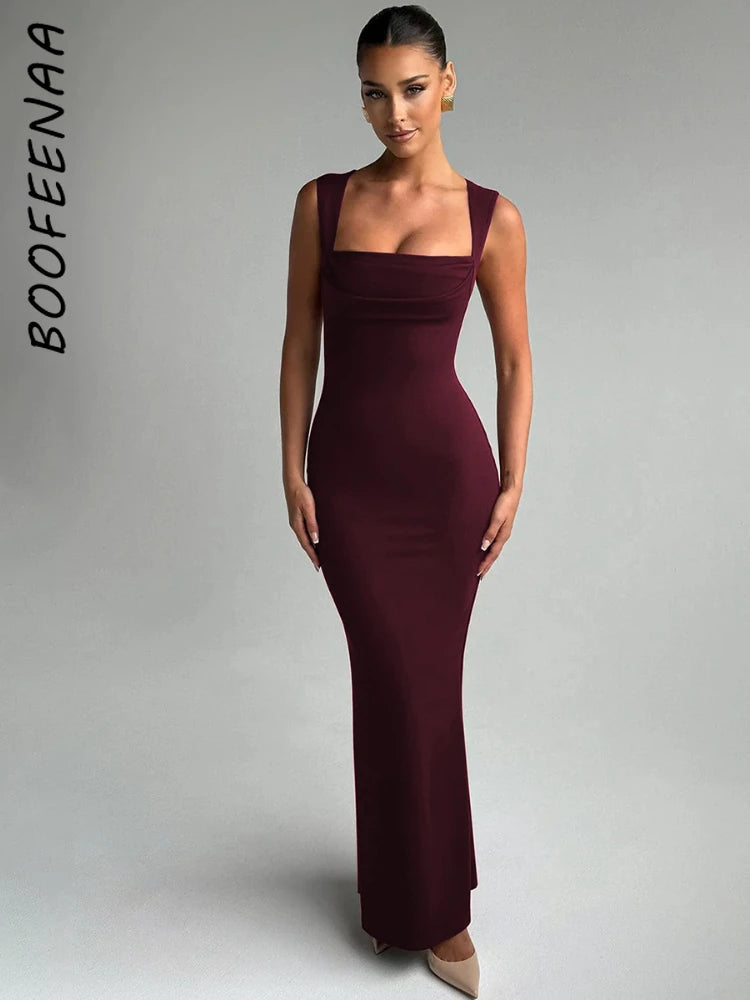 BOOFEENAA Square Neck Sleeveless Fishtail Maxi Dress Party Night Elegant Black Dresses Woman Luxury High Quality C70-CZ32